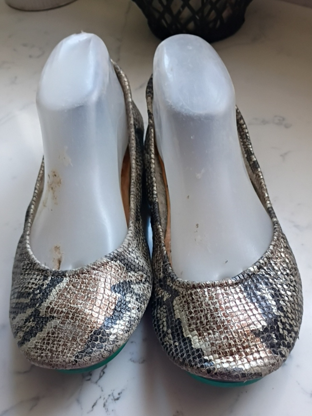 Tieks Metallic Snake-Print Ballet Flats in Silver and Tan